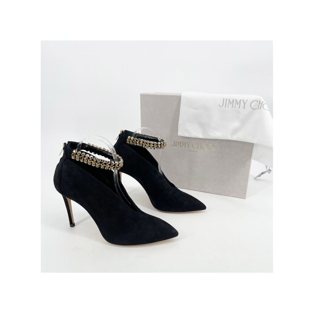 NWB Jimmy Choo Lux 100 Black Suede Gold Crystal Ankle Strap Bootie Heels IT 41